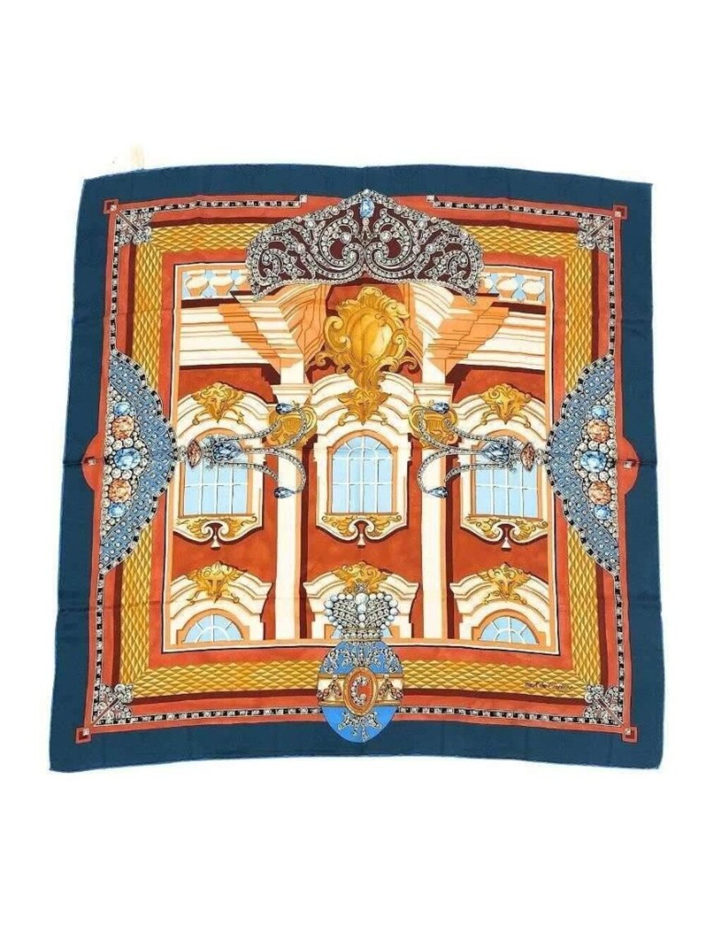 Cartier Silk Scarf Blue Terracotta Motif Vintage